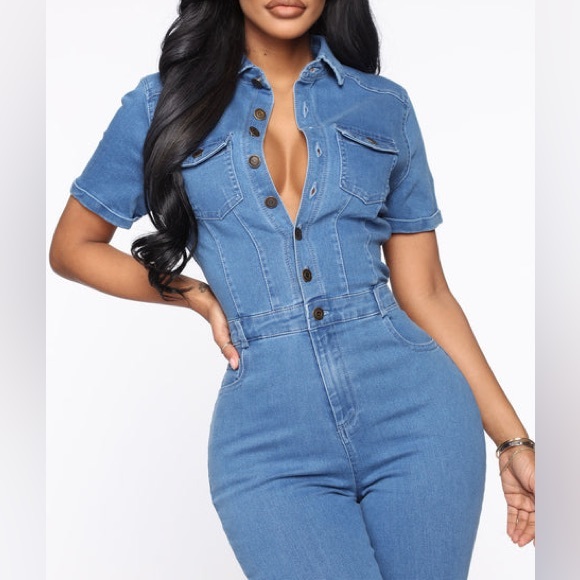 Women's Blue Denim Jumpsuit - Picture 2 of 8